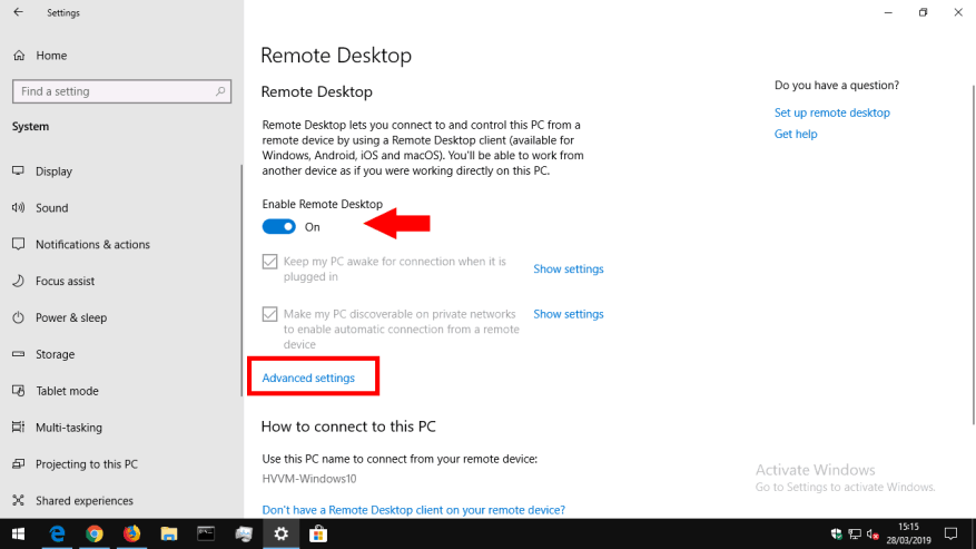 allow remote desktop connections windows 10